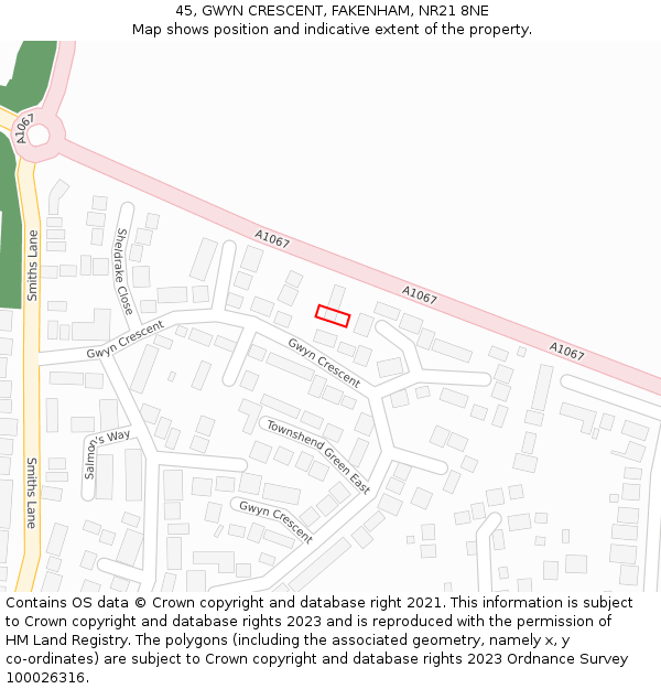 45, GWYN CRESCENT, FAKENHAM, NR21 8NE: Location map and indicative extent of plot