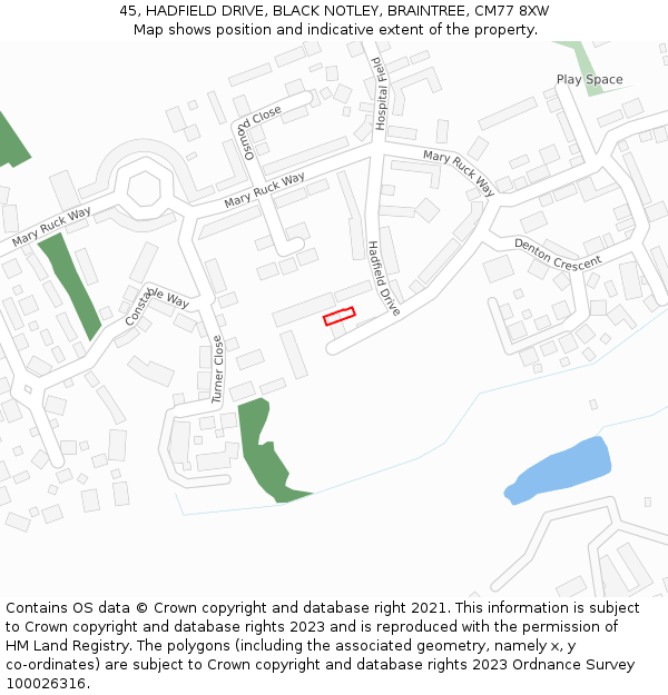 45, HADFIELD DRIVE, BLACK NOTLEY, BRAINTREE, CM77 8XW: Location map and indicative extent of plot