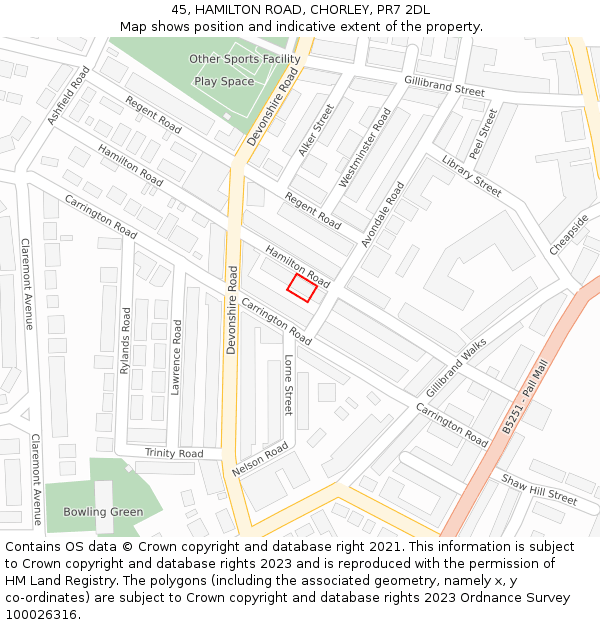 45, HAMILTON ROAD, CHORLEY, PR7 2DL: Location map and indicative extent of plot