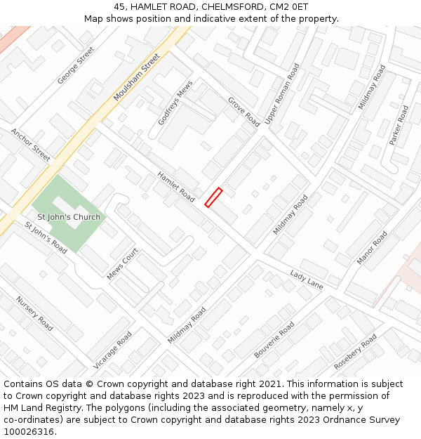 45, HAMLET ROAD, CHELMSFORD, CM2 0ET: Location map and indicative extent of plot