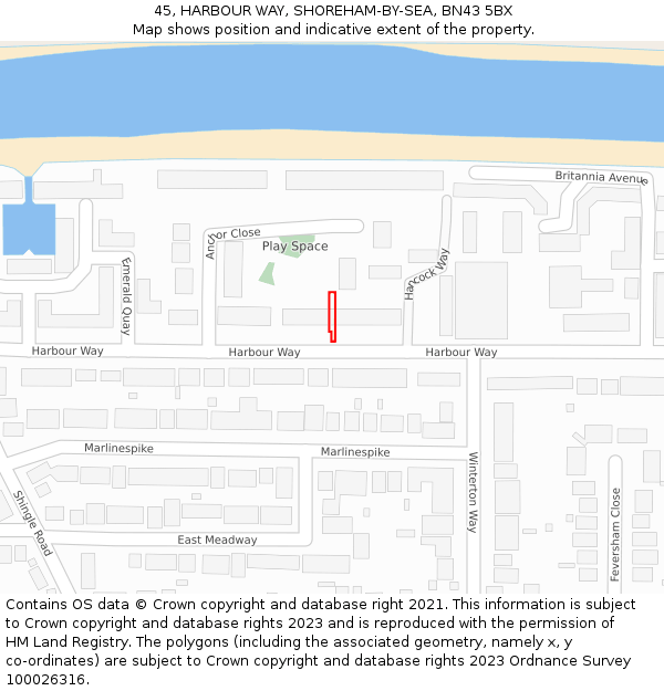45, HARBOUR WAY, SHOREHAM-BY-SEA, BN43 5BX: Location map and indicative extent of plot