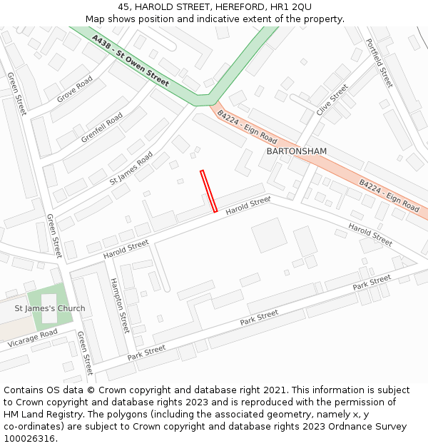 45, HAROLD STREET, HEREFORD, HR1 2QU: Location map and indicative extent of plot