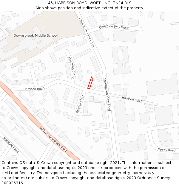 45, HARRISON ROAD, WORTHING, BN14 8LS: Location map and indicative extent of plot