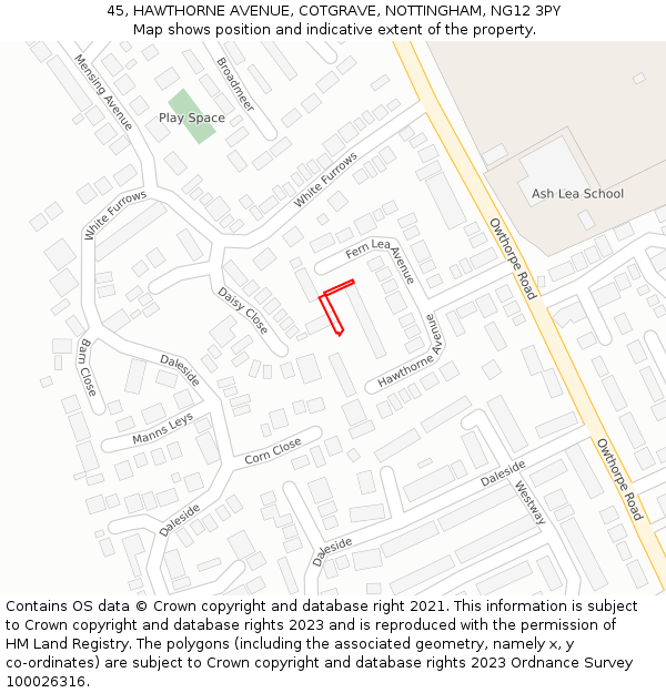 45, HAWTHORNE AVENUE, COTGRAVE, NOTTINGHAM, NG12 3PY: Location map and indicative extent of plot