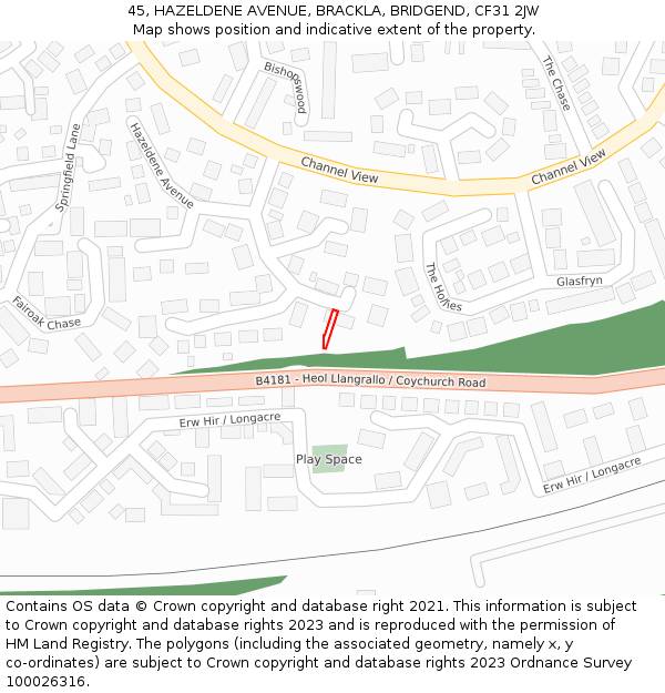 45, HAZELDENE AVENUE, BRACKLA, BRIDGEND, CF31 2JW: Location map and indicative extent of plot