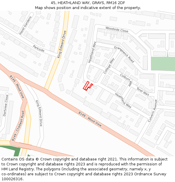 45, HEATHLAND WAY, GRAYS, RM16 2DF: Location map and indicative extent of plot