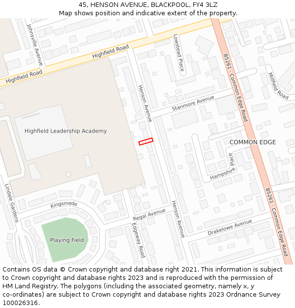45, HENSON AVENUE, BLACKPOOL, FY4 3LZ: Location map and indicative extent of plot