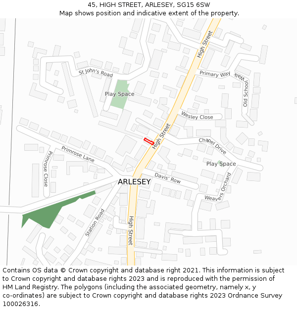 45, HIGH STREET, ARLESEY, SG15 6SW: Location map and indicative extent of plot