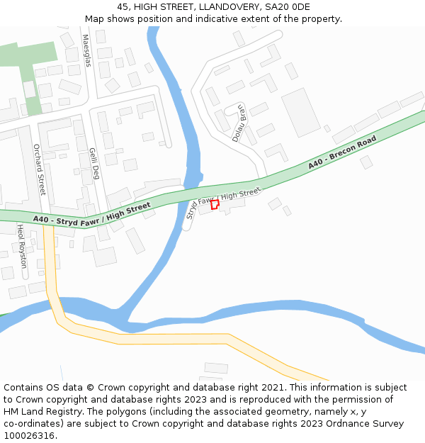 45, HIGH STREET, LLANDOVERY, SA20 0DE: Location map and indicative extent of plot