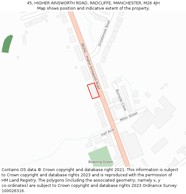 45, HIGHER AINSWORTH ROAD, RADCLIFFE, MANCHESTER, M26 4JH: Location map and indicative extent of plot