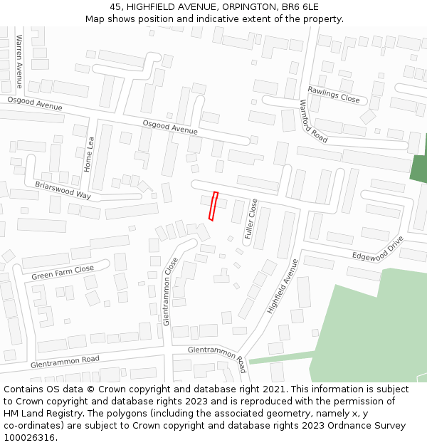 45, HIGHFIELD AVENUE, ORPINGTON, BR6 6LE: Location map and indicative extent of plot