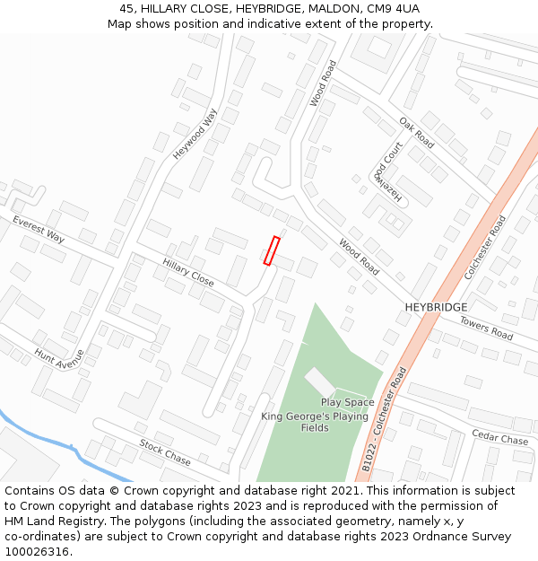 45, HILLARY CLOSE, HEYBRIDGE, MALDON, CM9 4UA: Location map and indicative extent of plot