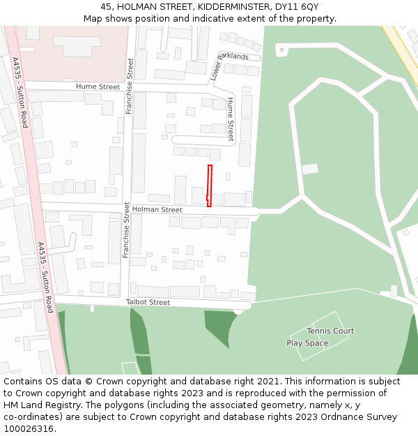 45, HOLMAN STREET, KIDDERMINSTER, DY11 6QY: Location map and indicative extent of plot
