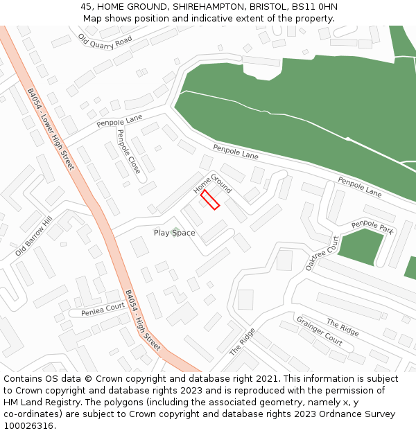 45, HOME GROUND, SHIREHAMPTON, BRISTOL, BS11 0HN: Location map and indicative extent of plot