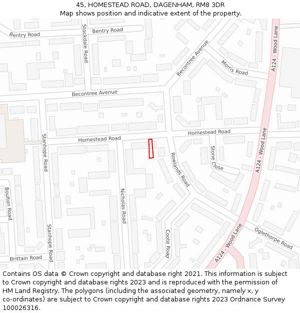45, HOMESTEAD ROAD, DAGENHAM, RM8 3DR: Location map and indicative extent of plot