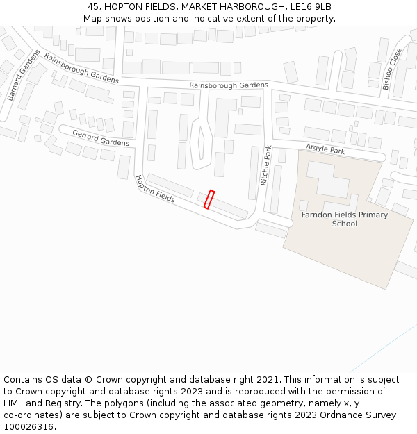 45, HOPTON FIELDS, MARKET HARBOROUGH, LE16 9LB: Location map and indicative extent of plot