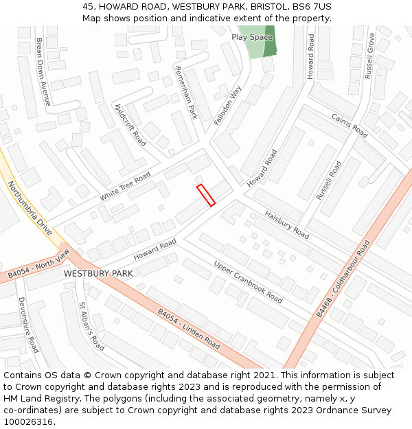 45, HOWARD ROAD, WESTBURY PARK, BRISTOL, BS6 7US: Location map and indicative extent of plot