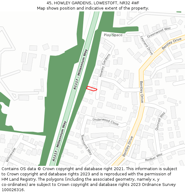 45, HOWLEY GARDENS, LOWESTOFT, NR32 4WF: Location map and indicative extent of plot