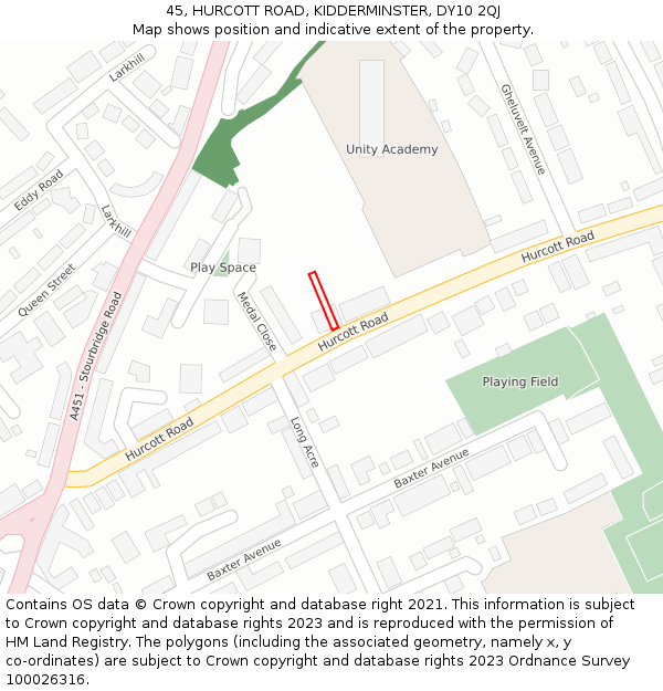 45, HURCOTT ROAD, KIDDERMINSTER, DY10 2QJ: Location map and indicative extent of plot