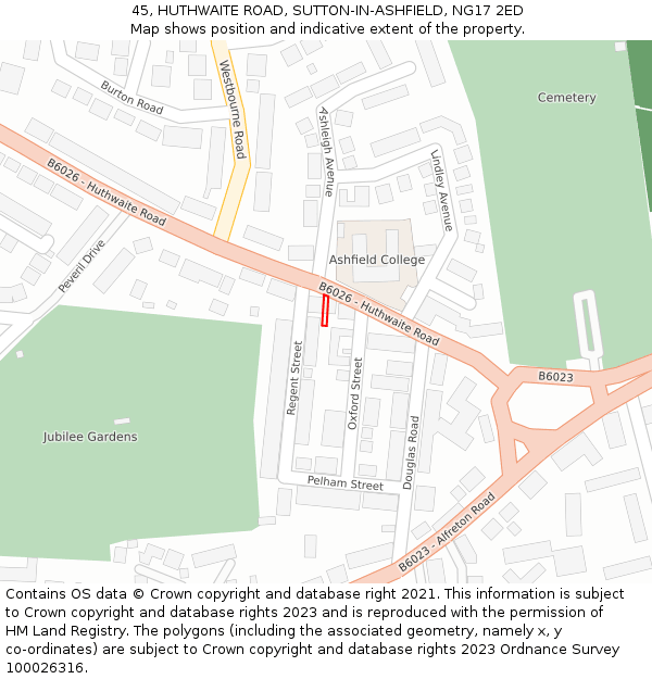 45, HUTHWAITE ROAD, SUTTON-IN-ASHFIELD, NG17 2ED: Location map and indicative extent of plot