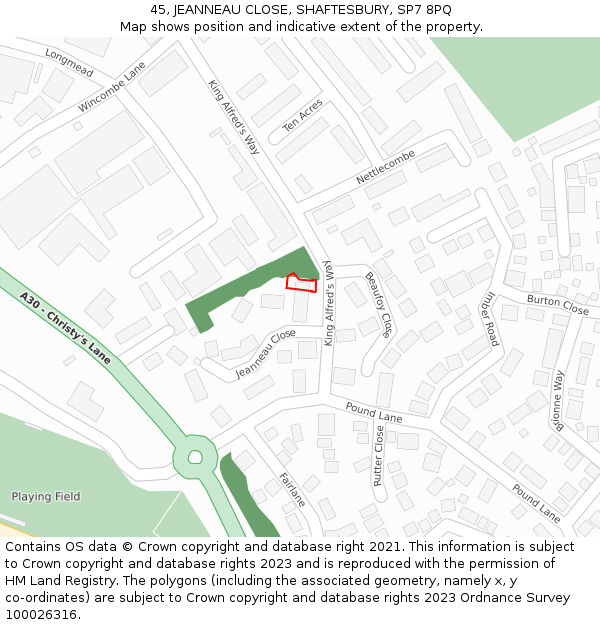 45, JEANNEAU CLOSE, SHAFTESBURY, SP7 8PQ: Location map and indicative extent of plot