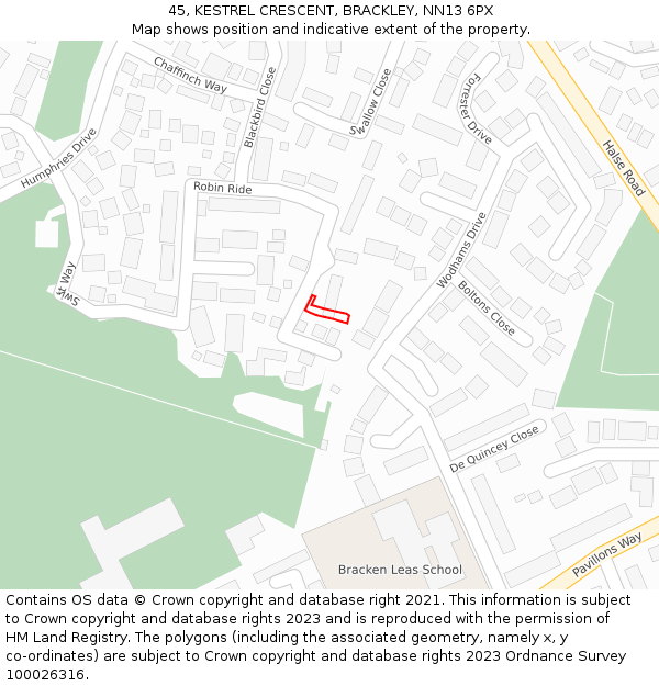 45, KESTREL CRESCENT, BRACKLEY, NN13 6PX: Location map and indicative extent of plot