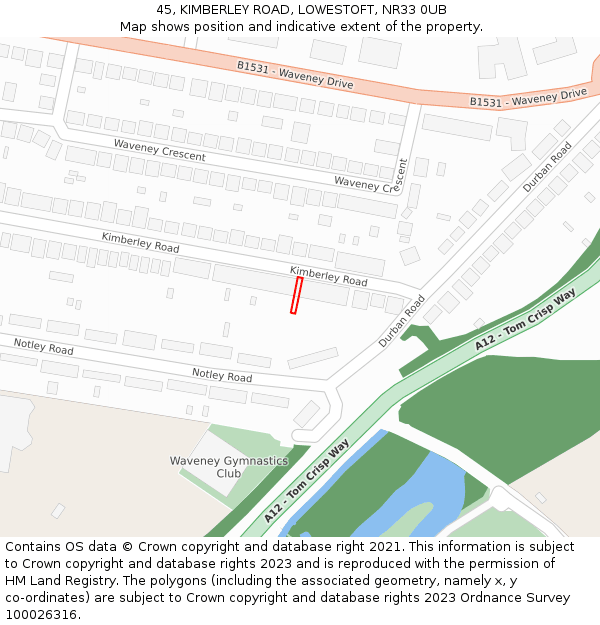 45, KIMBERLEY ROAD, LOWESTOFT, NR33 0UB: Location map and indicative extent of plot