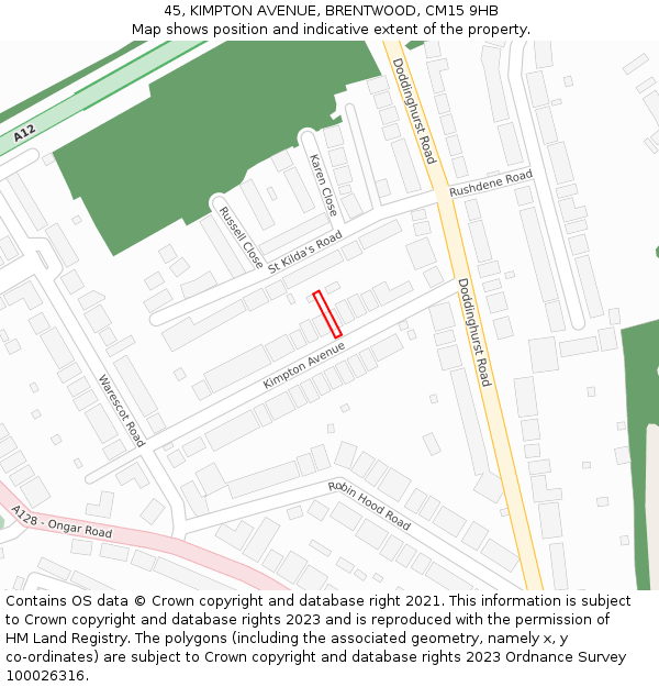 45, KIMPTON AVENUE, BRENTWOOD, CM15 9HB: Location map and indicative extent of plot