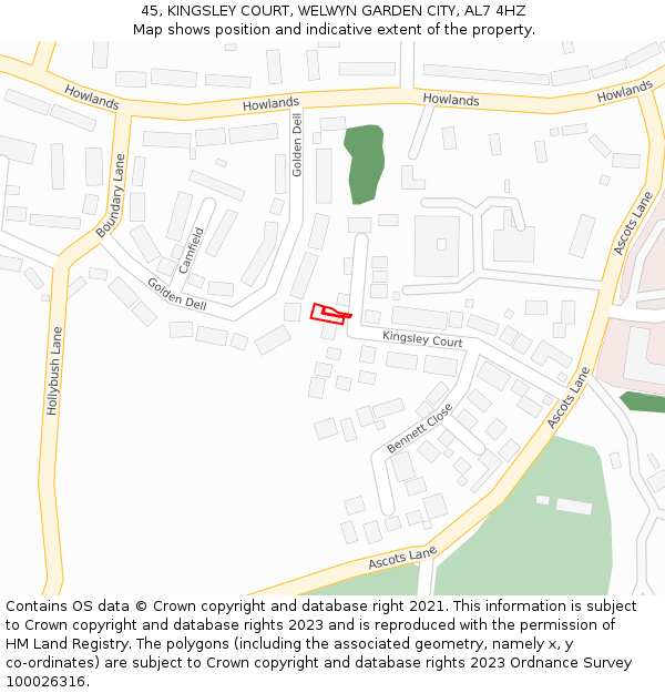 45, KINGSLEY COURT, WELWYN GARDEN CITY, AL7 4HZ: Location map and indicative extent of plot