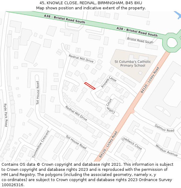 45, KNOWLE CLOSE, REDNAL, BIRMINGHAM, B45 8XU: Location map and indicative extent of plot