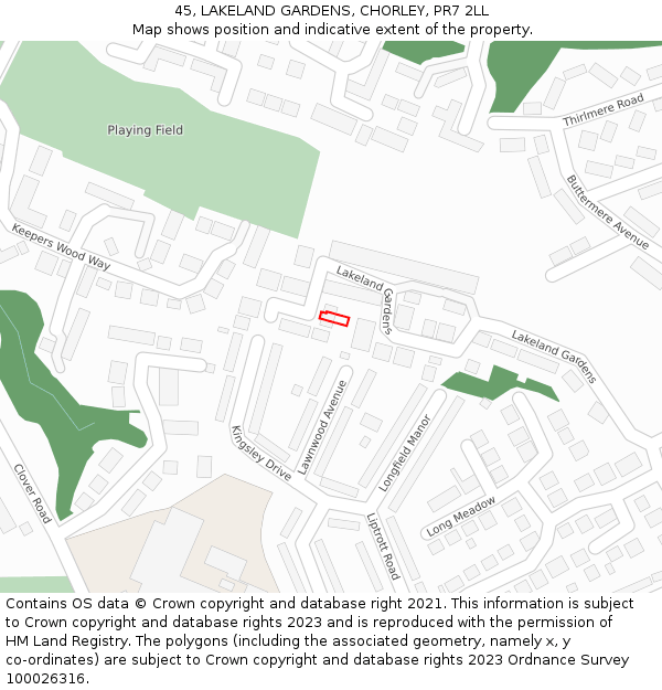 45, LAKELAND GARDENS, CHORLEY, PR7 2LL: Location map and indicative extent of plot