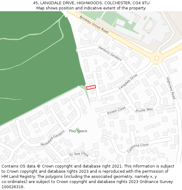 45, LANGDALE DRIVE, HIGHWOODS, COLCHESTER, CO4 9TU: Location map and indicative extent of plot