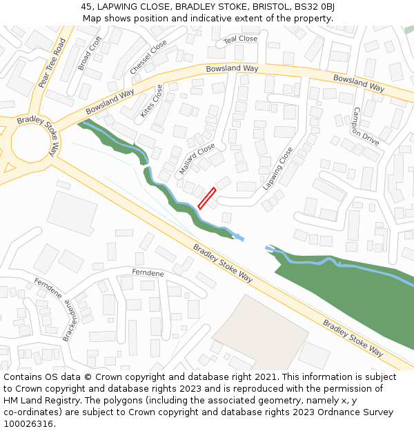 45, LAPWING CLOSE, BRADLEY STOKE, BRISTOL, BS32 0BJ: Location map and indicative extent of plot