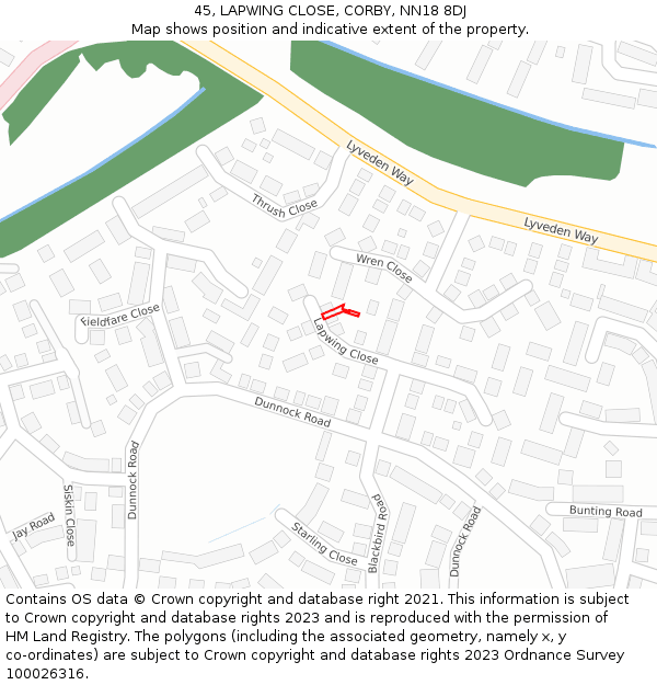 45, LAPWING CLOSE, CORBY, NN18 8DJ: Location map and indicative extent of plot