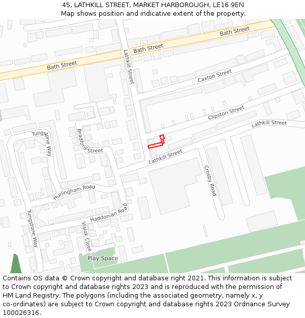 45, LATHKILL STREET, MARKET HARBOROUGH, LE16 9EN: Location map and indicative extent of plot