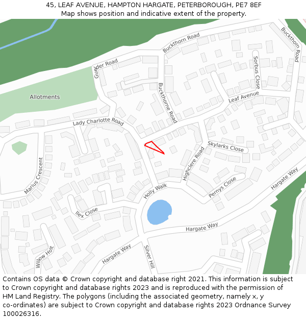 45, LEAF AVENUE, HAMPTON HARGATE, PETERBOROUGH, PE7 8EF: Location map and indicative extent of plot
