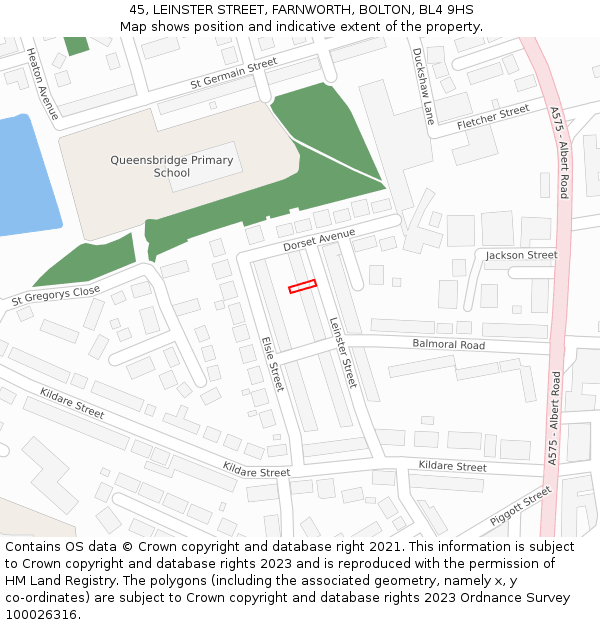 45, LEINSTER STREET, FARNWORTH, BOLTON, BL4 9HS: Location map and indicative extent of plot