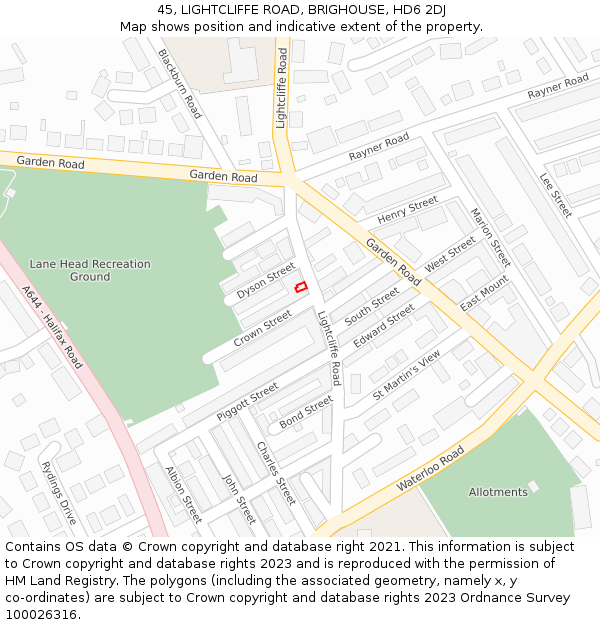 45, LIGHTCLIFFE ROAD, BRIGHOUSE, HD6 2DJ: Location map and indicative extent of plot