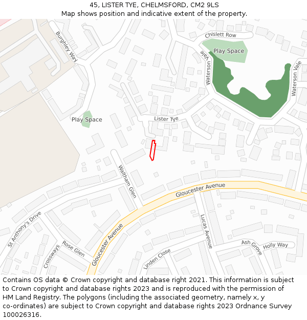 45, LISTER TYE, CHELMSFORD, CM2 9LS: Location map and indicative extent of plot