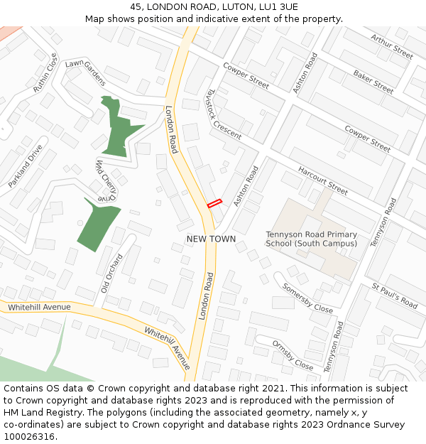 45, LONDON ROAD, LUTON, LU1 3UE: Location map and indicative extent of plot