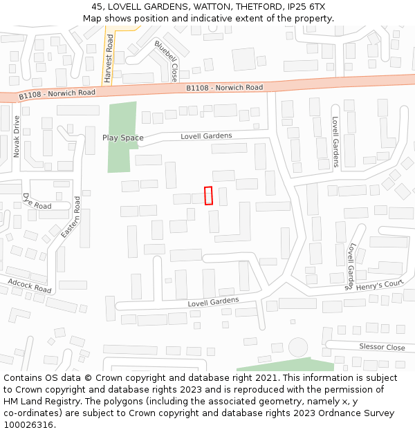 45, LOVELL GARDENS, WATTON, THETFORD, IP25 6TX: Location map and indicative extent of plot