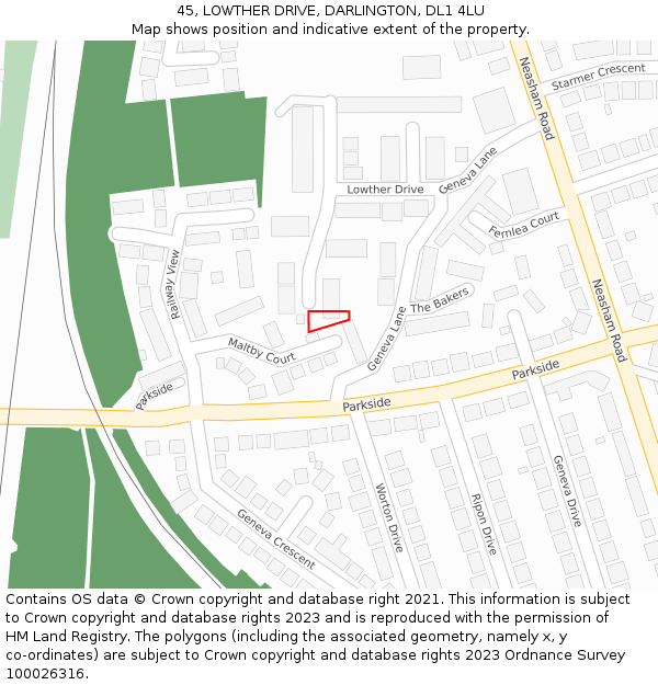 45, LOWTHER DRIVE, DARLINGTON, DL1 4LU: Location map and indicative extent of plot