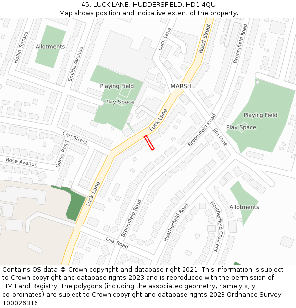 45, LUCK LANE, HUDDERSFIELD, HD1 4QU: Location map and indicative extent of plot