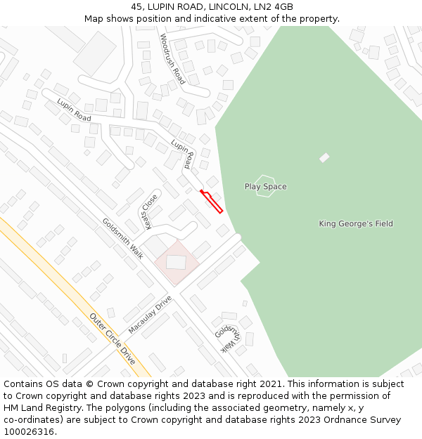 45, LUPIN ROAD, LINCOLN, LN2 4GB: Location map and indicative extent of plot