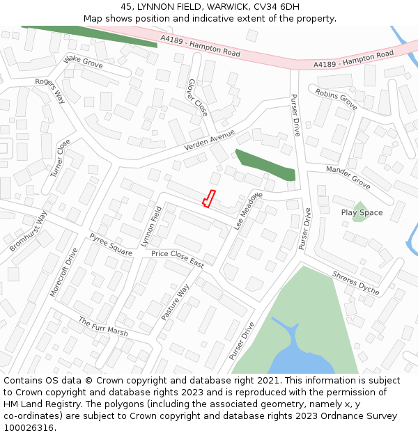 45, LYNNON FIELD, WARWICK, CV34 6DH: Location map and indicative extent of plot