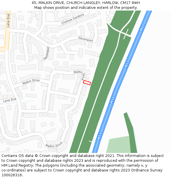 45, MALKIN DRIVE, CHURCH LANGLEY, HARLOW, CM17 9WH: Location map and indicative extent of plot