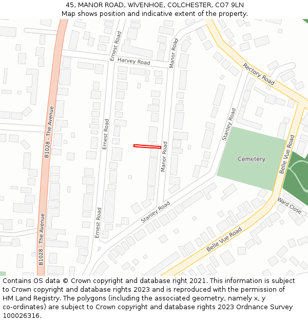 45, MANOR ROAD, WIVENHOE, COLCHESTER, CO7 9LN: Location map and indicative extent of plot