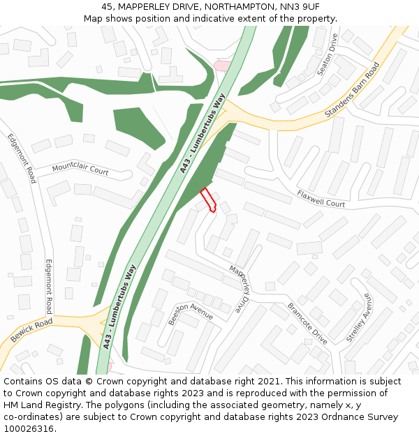 45, MAPPERLEY DRIVE, NORTHAMPTON, NN3 9UF: Location map and indicative extent of plot