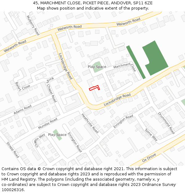 45, MARCHMENT CLOSE, PICKET PIECE, ANDOVER, SP11 6ZE: Location map and indicative extent of plot