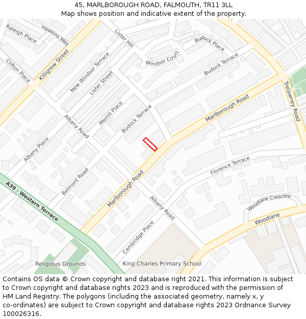 45, MARLBOROUGH ROAD, FALMOUTH, TR11 3LL: Location map and indicative extent of plot
